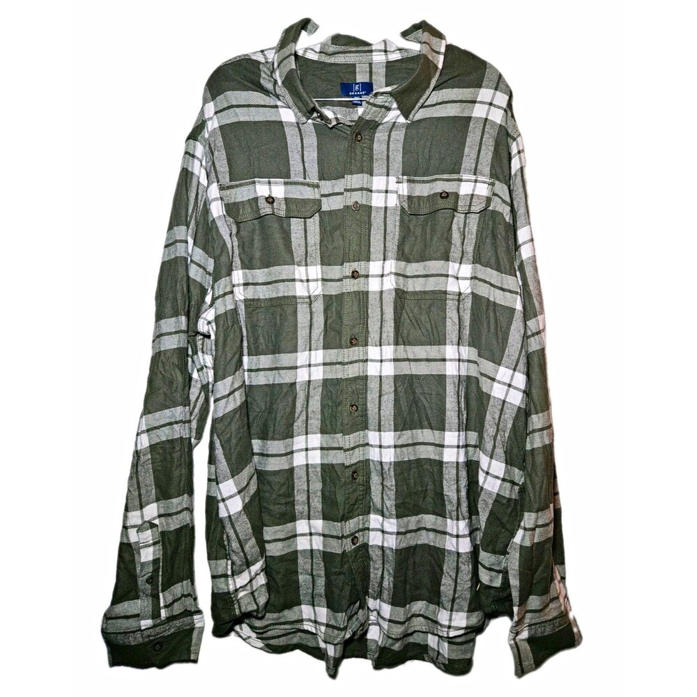 George Men's 2XLT Big & Tall Flannel Plaid Button-Down Shirt Green/White
